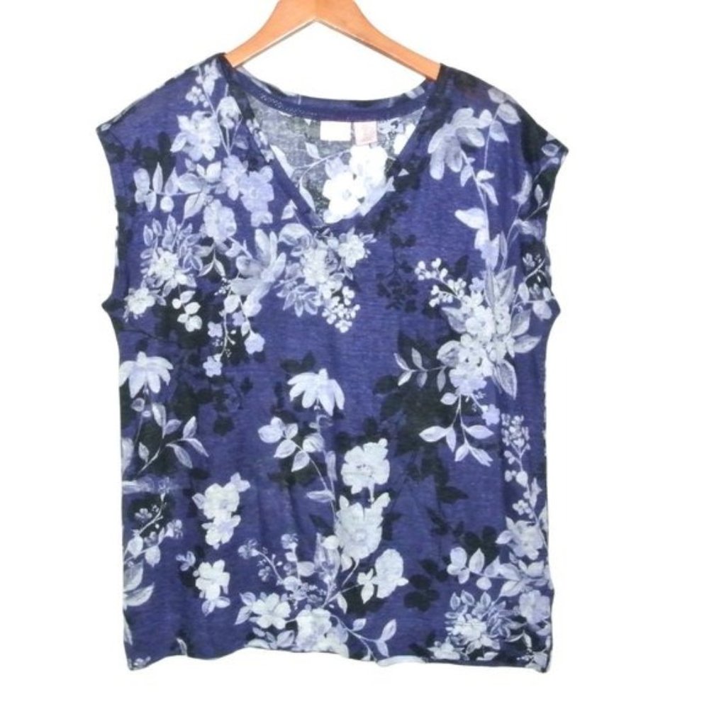 St. Tropez‎ West Floral 100% Linen Blue Top L